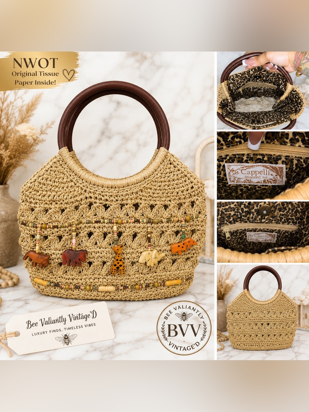 NWOT Cappelli Straworld Safari Raffia Beaded Animal Boho Handbag